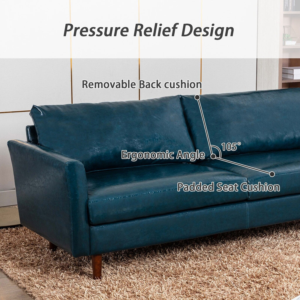 Canapé 3 places en similicuir bleu 80 pouces avec dossier amovible, coussins rembourrés et cadre en bois