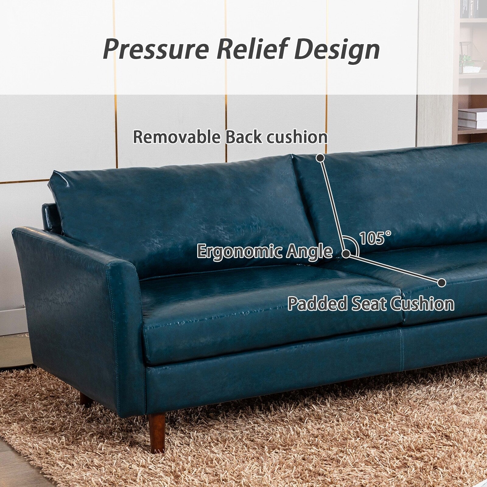 Canapé bleu en similicuir de style milieu de siècle de 80 pouces avec cadre en bois massif