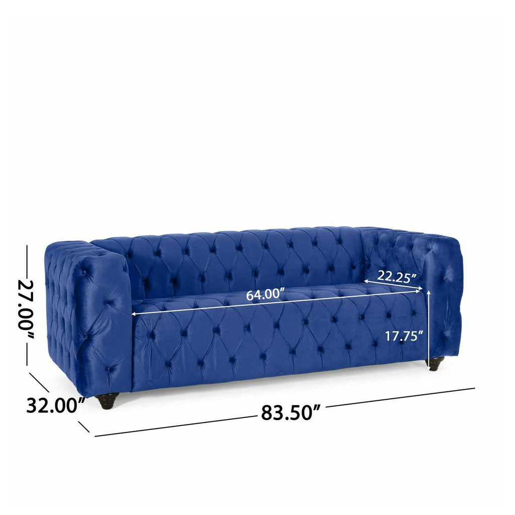 Canapé en velours bleu de 83,5 pouces avec un design capitonné, des pieds en bois d'inspiration vintage et de larges accoudoirs