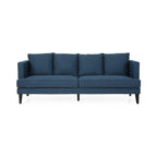 Canapé 3 places bleu en polyester 86 po avec dossier capitonné, pieds en bois massif et ressorts ensachés - Confort moderne