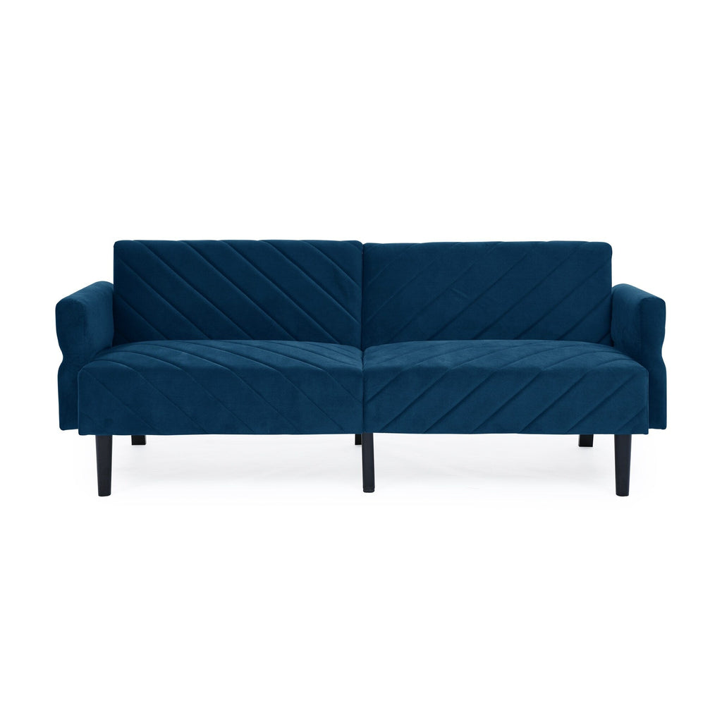 Canapé-lit futon convertible capitonné en velours bleu 87 avec accoudoirs réglables pour salon