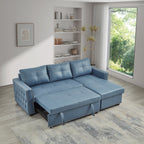 Canapé-lit convertible 3 places bleu en microfibre de 88 pouces avec méridienne de rangement, lit gigogne et coussin en éponge de haute qualité