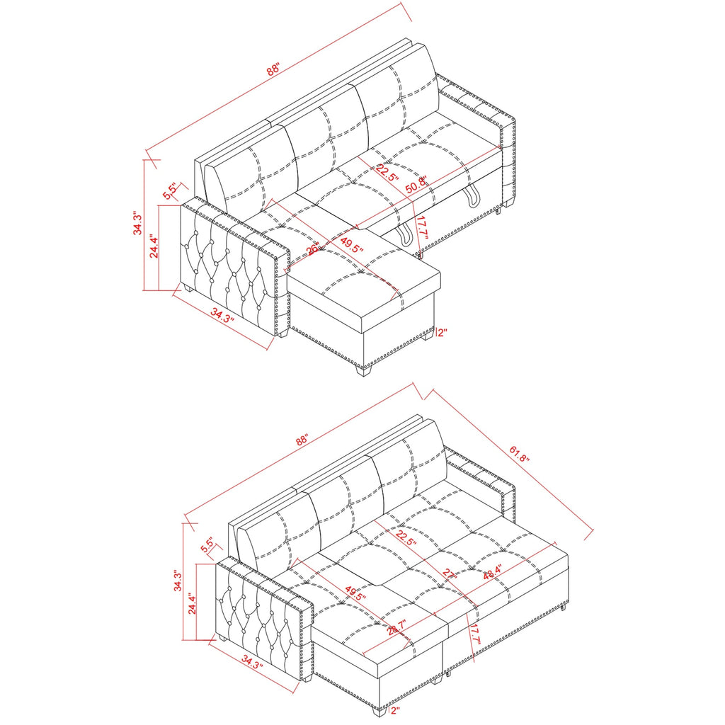 Canapé-lit convertible 3 places bleu en microfibre de 88 pouces avec méridienne de rangement, lit gigogne et coussin en éponge de haute qualité