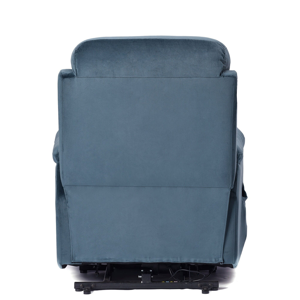 Fauteuil inclinable électrique en tissu antidérapant bleu pour personnes âgées, avec télécommande, design moelleux et poche de rangement latérale.