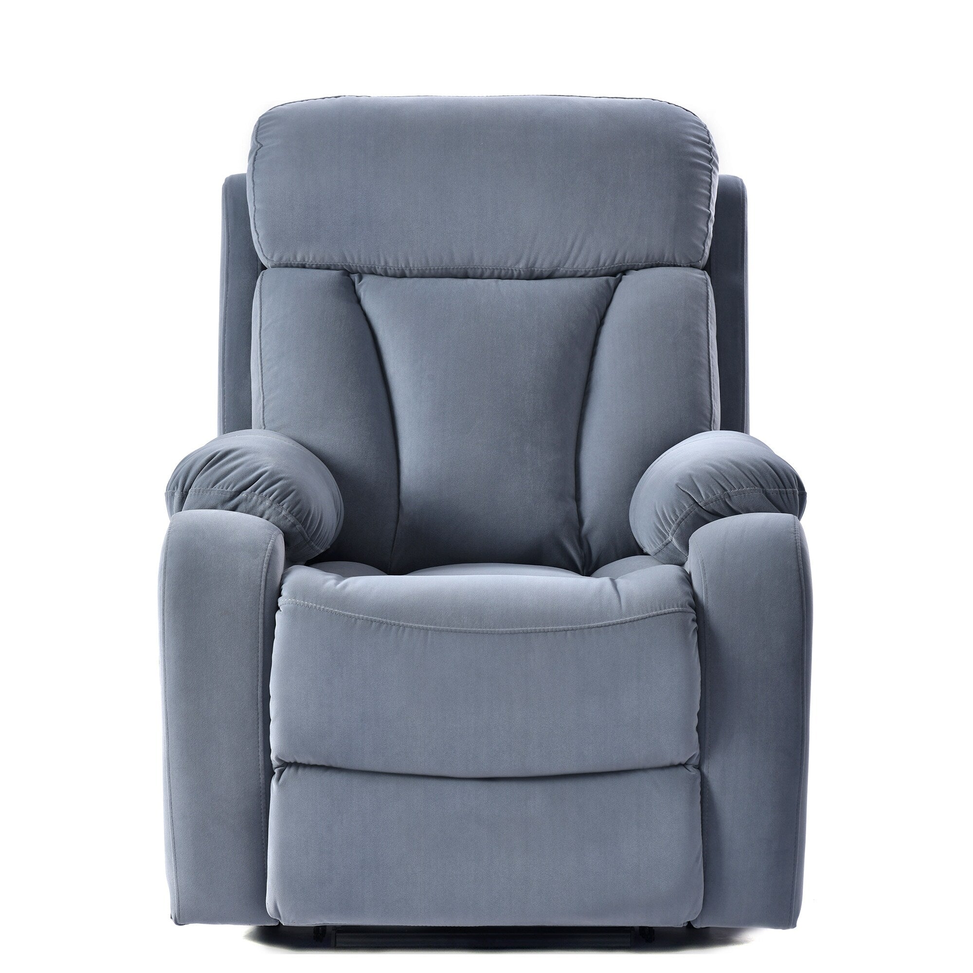 Fauteuil inclinable électrique en tissu antidérapant bleu pour personnes âgées, avec télécommande, design moelleux et poche de rangement latérale.