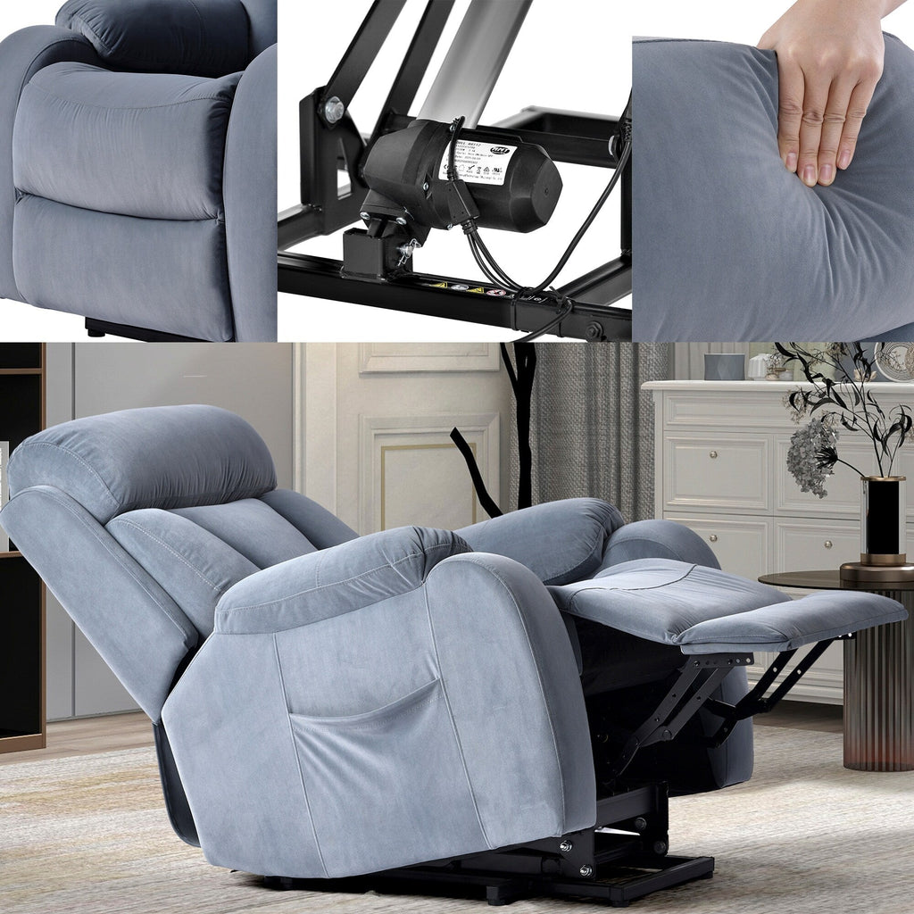Fauteuil inclinable électrique en tissu antidérapant bleu pour personnes âgées, avec télécommande, design moelleux et poche de rangement latérale.