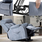 Fauteuil inclinable électrique en tissu antidérapant bleu pour personnes âgées, avec télécommande, design moelleux et poche de rangement latérale.