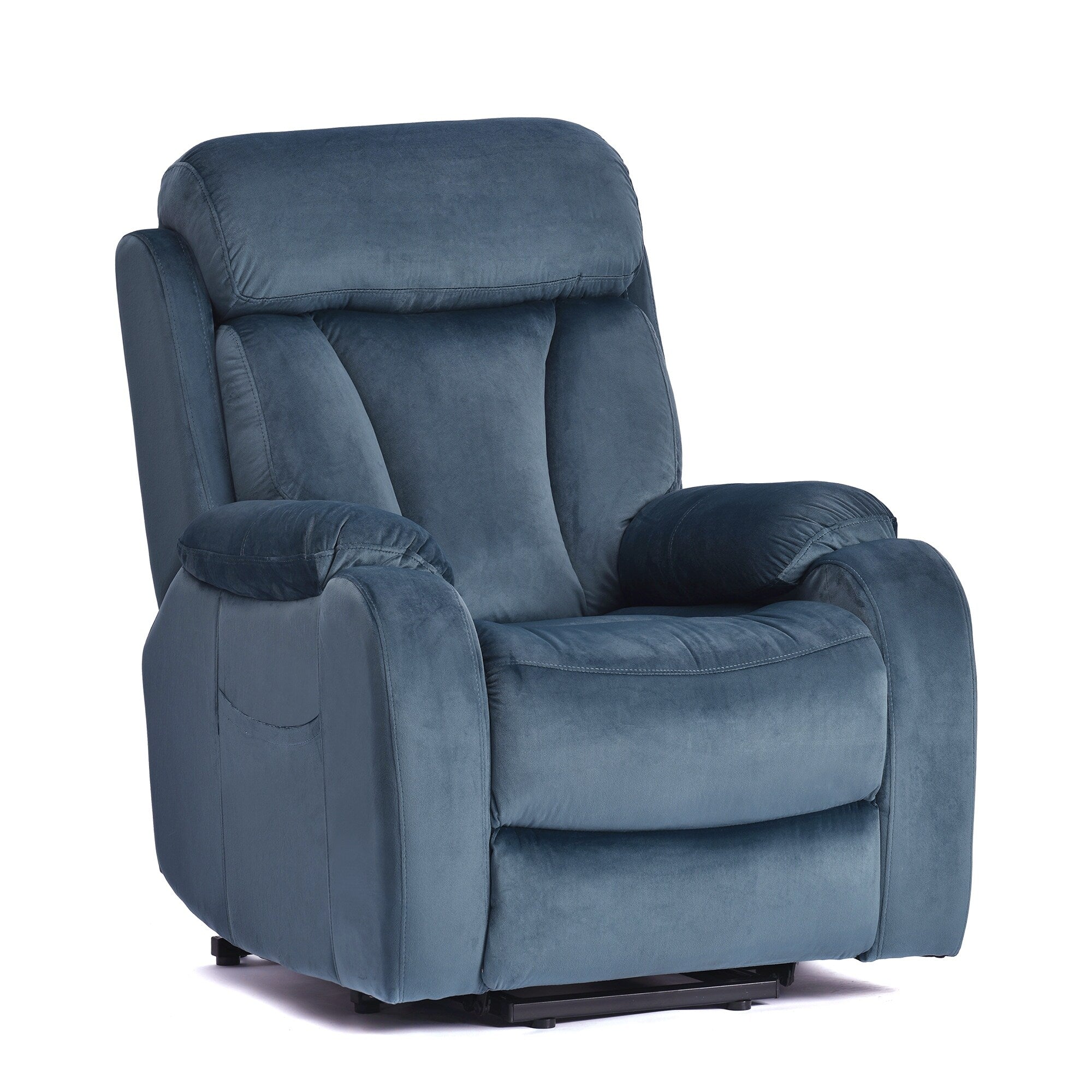 Fauteuil inclinable électrique en tissu antidérapant bleu pour personnes âgées, avec télécommande, design moelleux et poche de rangement latérale.