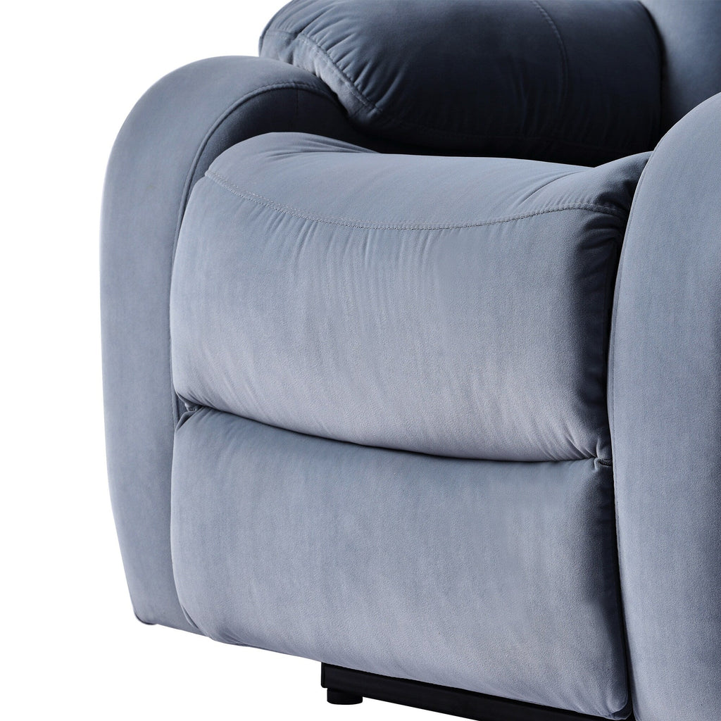 Fauteuil inclinable électrique en tissu antidérapant bleu pour personnes âgées, avec télécommande, design moelleux et poche de rangement latérale.