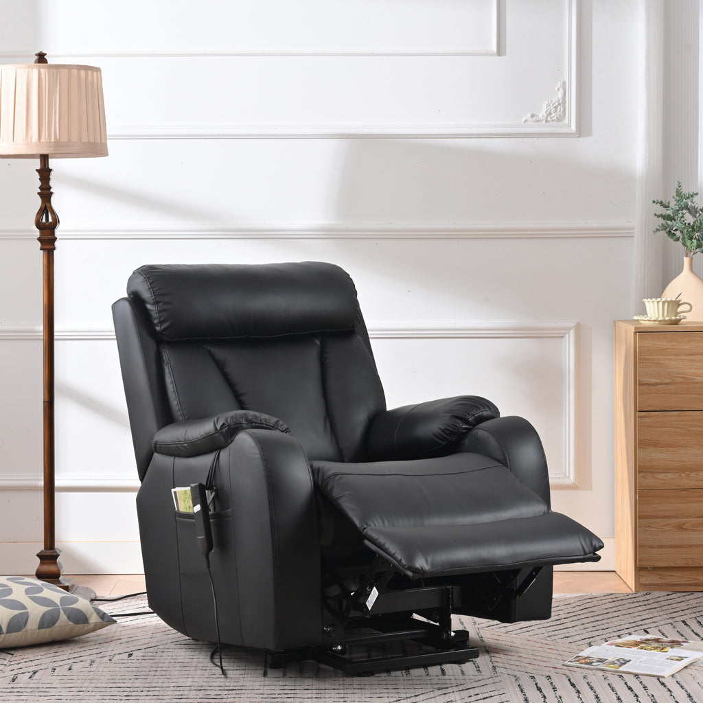 Fauteuil inclinable électrique en tissu antidérapant bleu pour personnes âgées, avec télécommande, design moelleux et poche de rangement latérale.