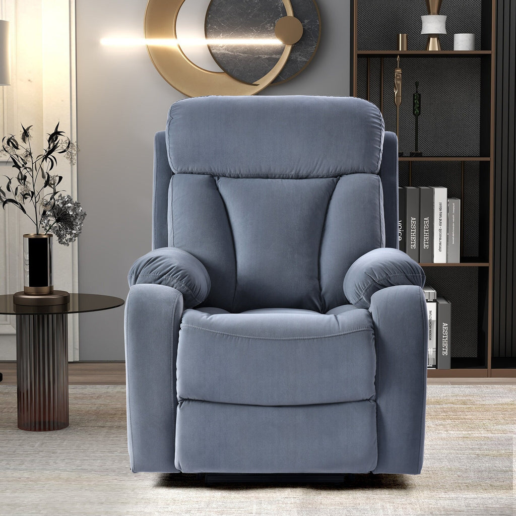 Fauteuil inclinable électrique en tissu antidérapant bleu pour personnes âgées, avec télécommande, design moelleux et poche de rangement latérale.