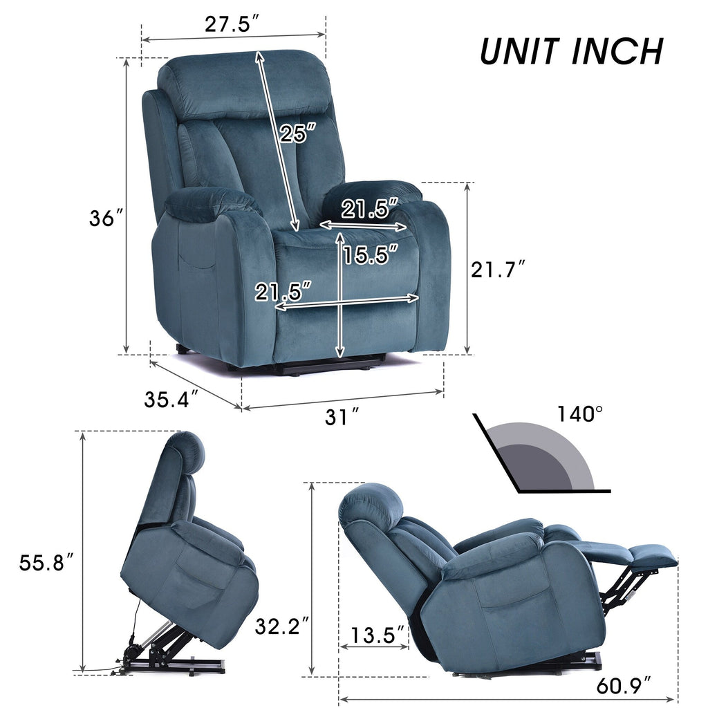Fauteuil inclinable électrique en tissu antidérapant bleu pour personnes âgées, avec télécommande, design moelleux et poche de rangement latérale.