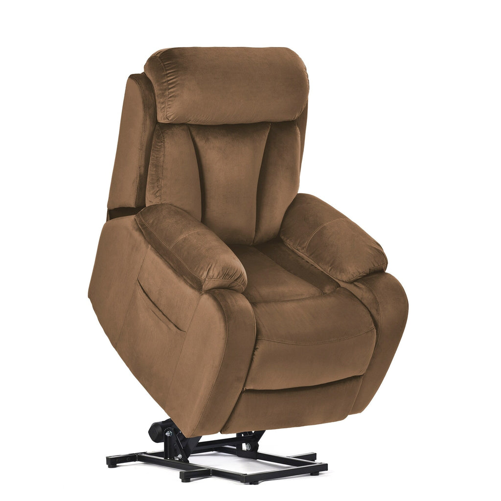 Fauteuil inclinable électrique en tissu antidérapant bleu pour personnes âgées, avec télécommande, design moelleux et poche de rangement latérale.