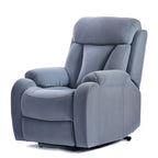 Fauteuil inclinable électrique en tissu antidérapant bleu pour personnes âgées, avec télécommande, design moelleux et poche de rangement latérale.