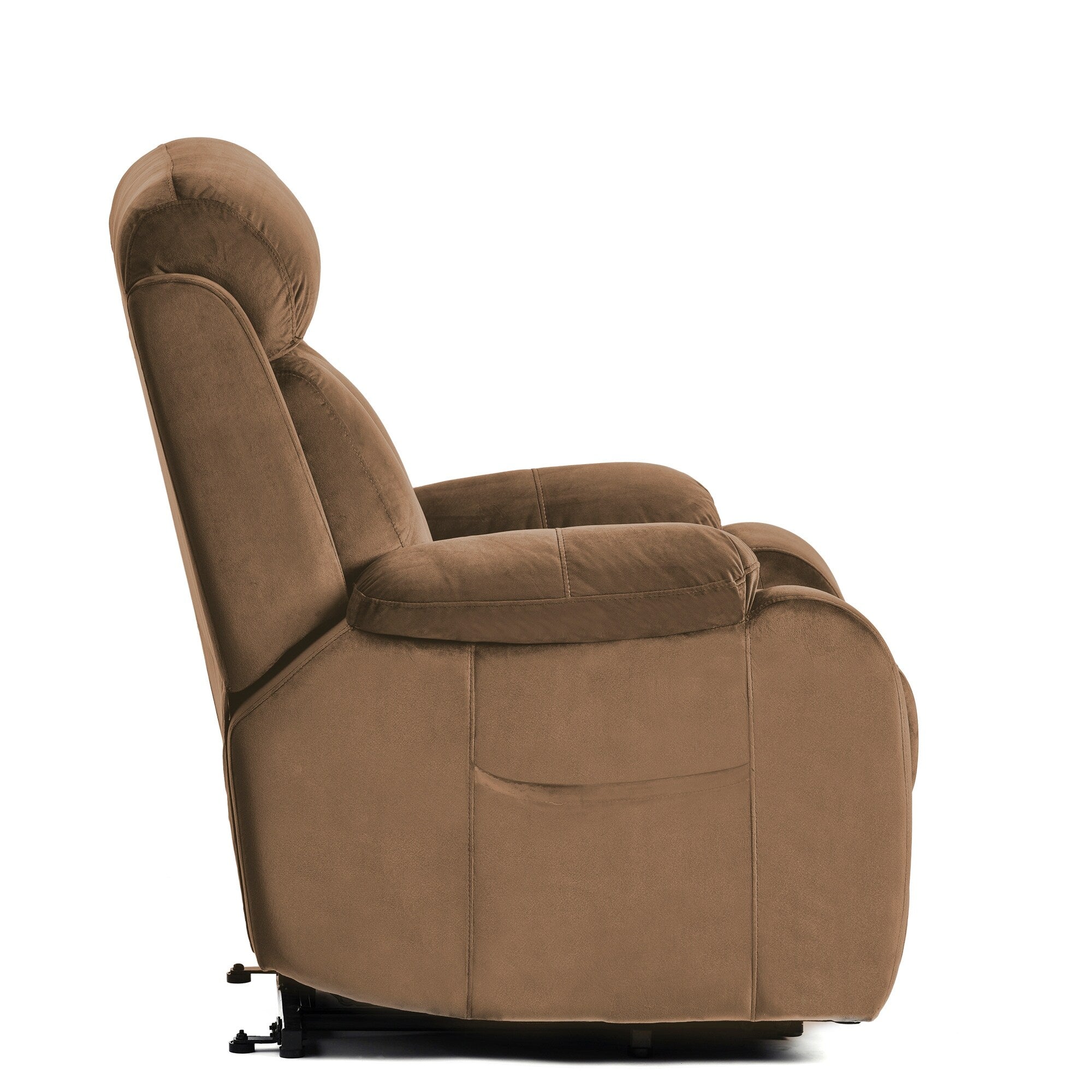 Fauteuil inclinable électrique en tissu antidérapant bleu pour personnes âgées, avec télécommande, design moelleux et poche de rangement latérale.