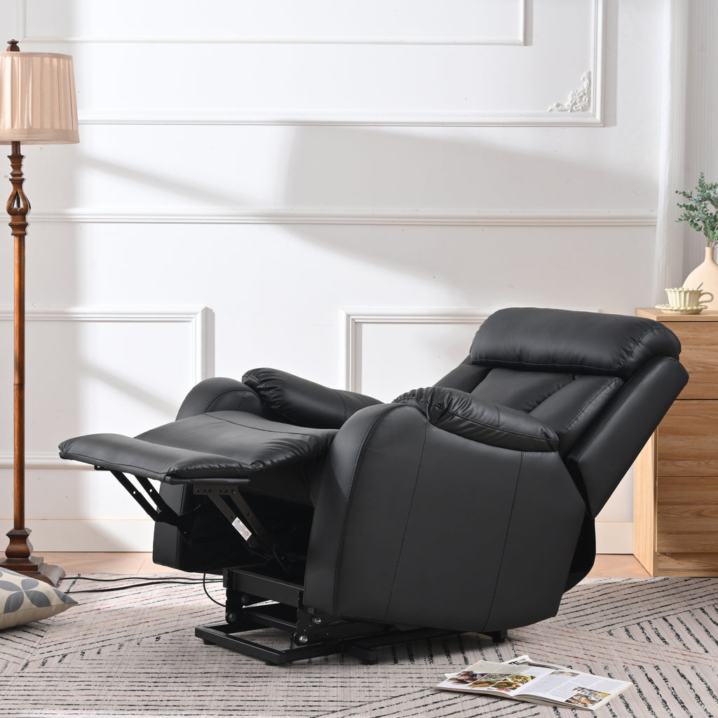 Fauteuil inclinable électrique en tissu antidérapant bleu pour personnes âgées, avec télécommande, design moelleux et poche de rangement latérale.