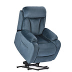 Fauteuil inclinable électrique en tissu antidérapant bleu pour personnes âgées, avec télécommande, design moelleux et poche de rangement latérale.