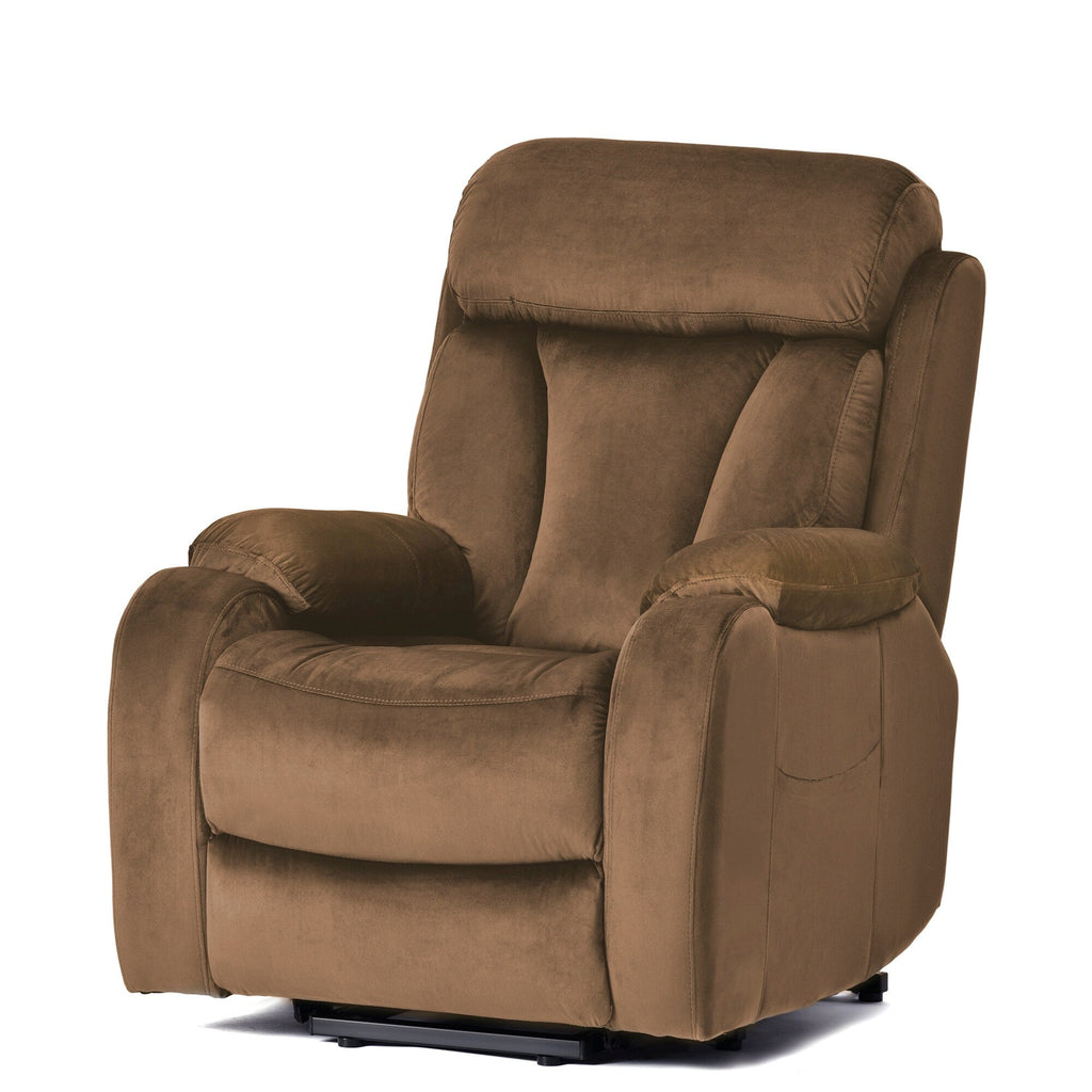 Fauteuil inclinable électrique en tissu antidérapant bleu pour personnes âgées, avec télécommande, design moelleux et poche de rangement latérale.