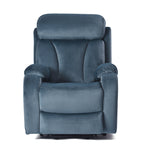 Fauteuil inclinable électrique en tissu antidérapant bleu pour personnes âgées, avec télécommande, design moelleux et poche de rangement latérale.