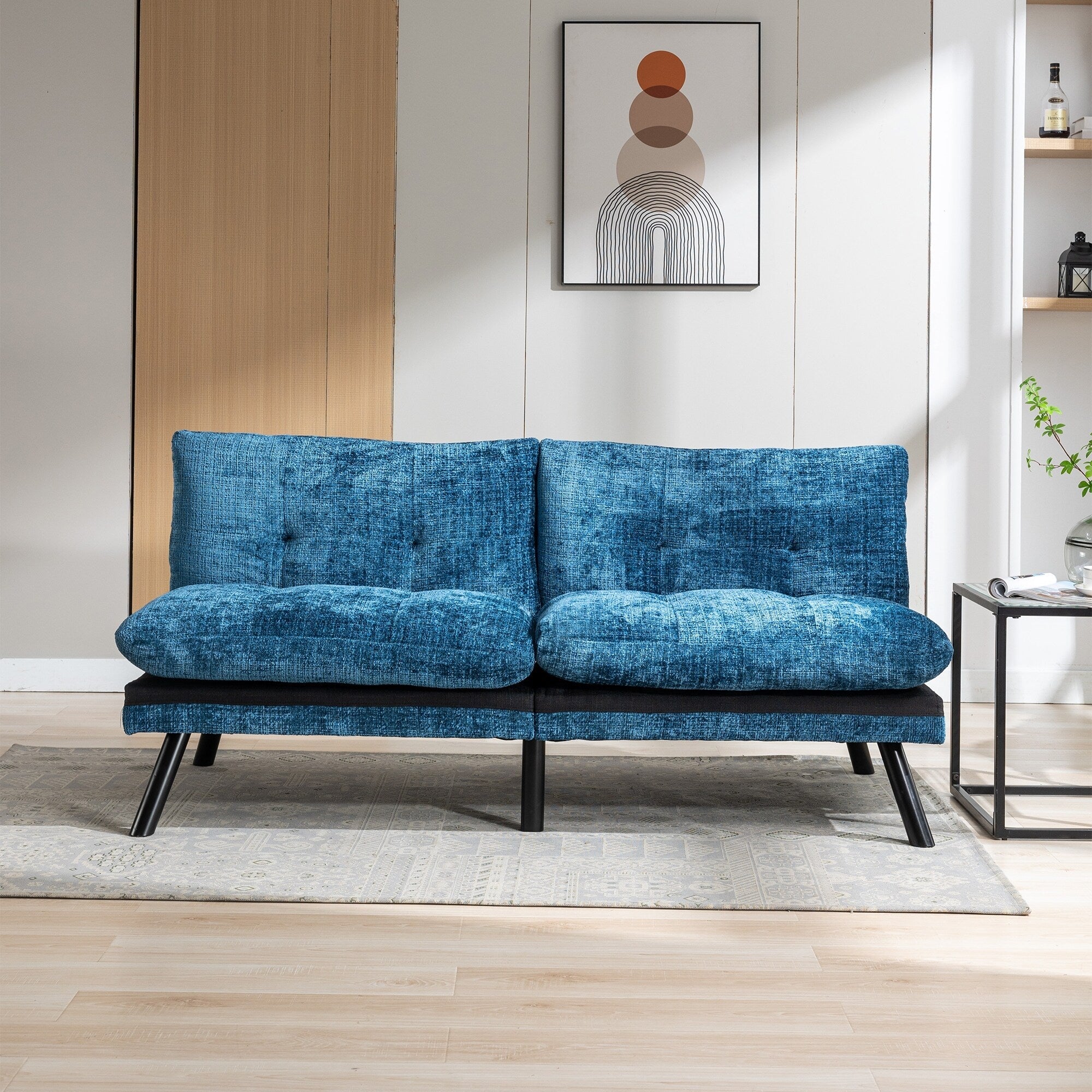 Canapé-lit futon convertible en chenille bleue