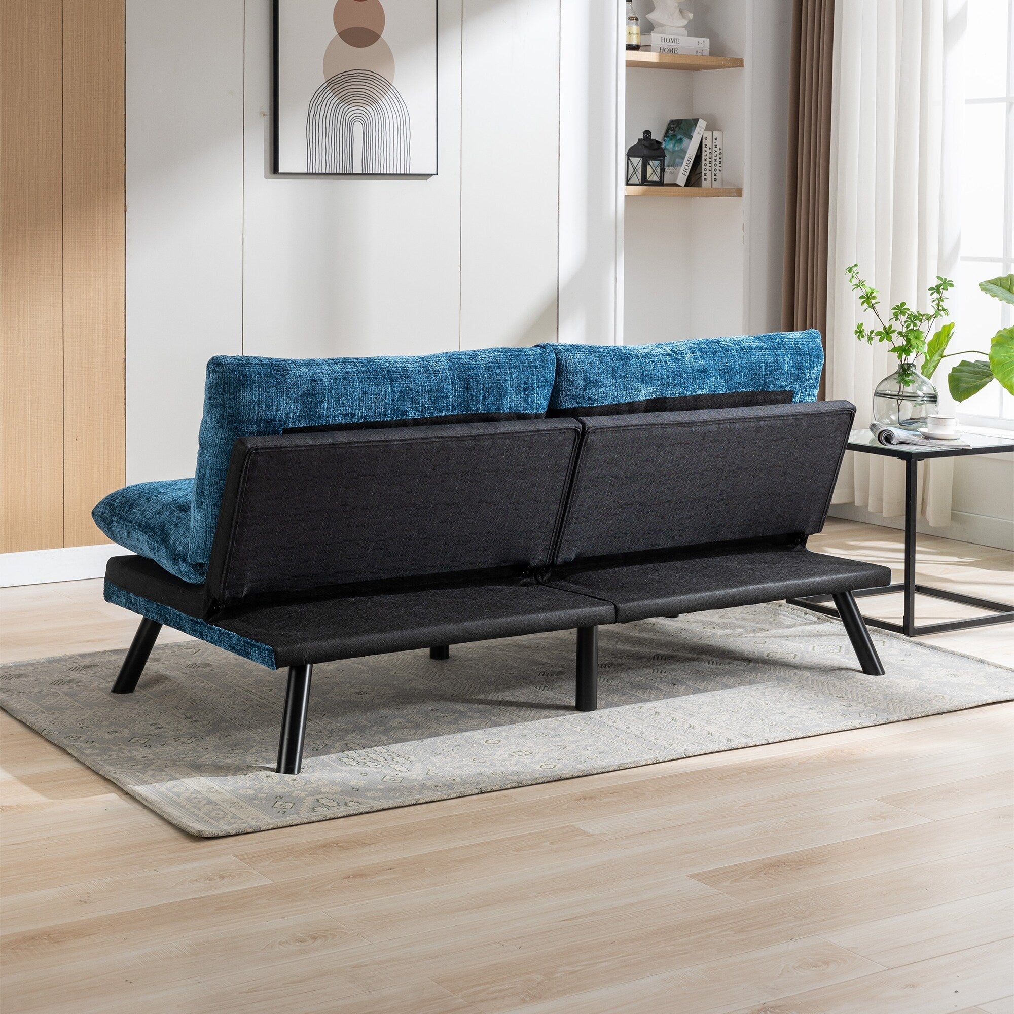 Canapé-lit futon convertible en chenille bleue