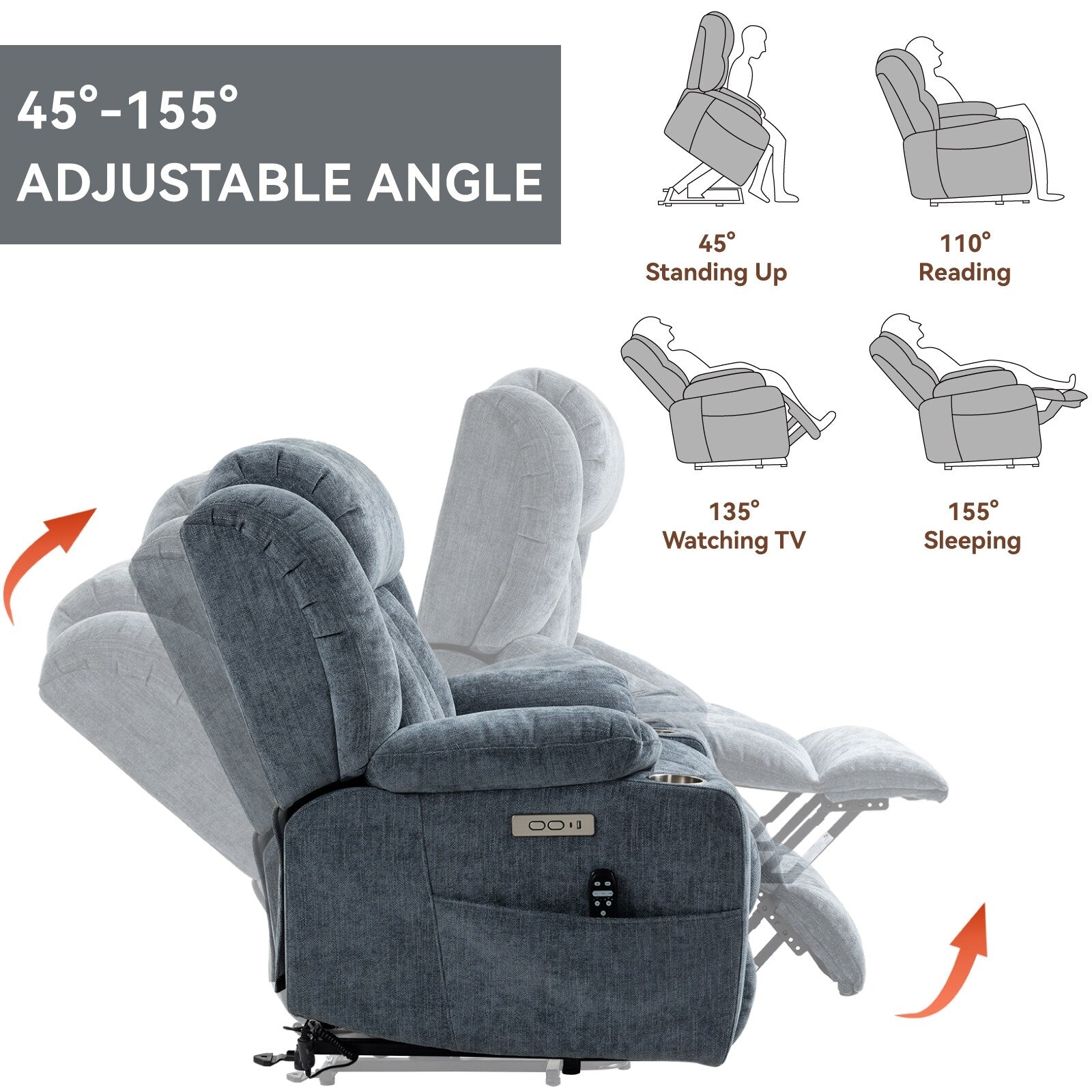 Fauteuil inclinable électrique rembourré en chenille bleue avec massage par vibrations à 8 points, chauffage lombaire, ports USB et Type-C, porte-gobelets
