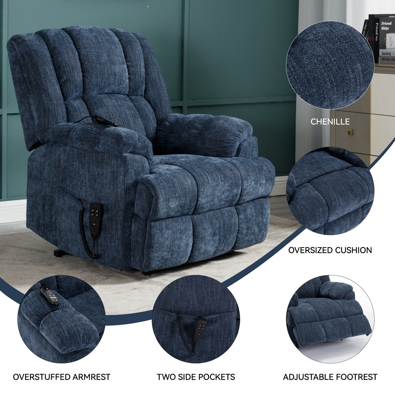 Fauteuil inclinable électrique bleu à double moteur avec chauffage, massage, positionnement infini, télécommande et soutien lombaire