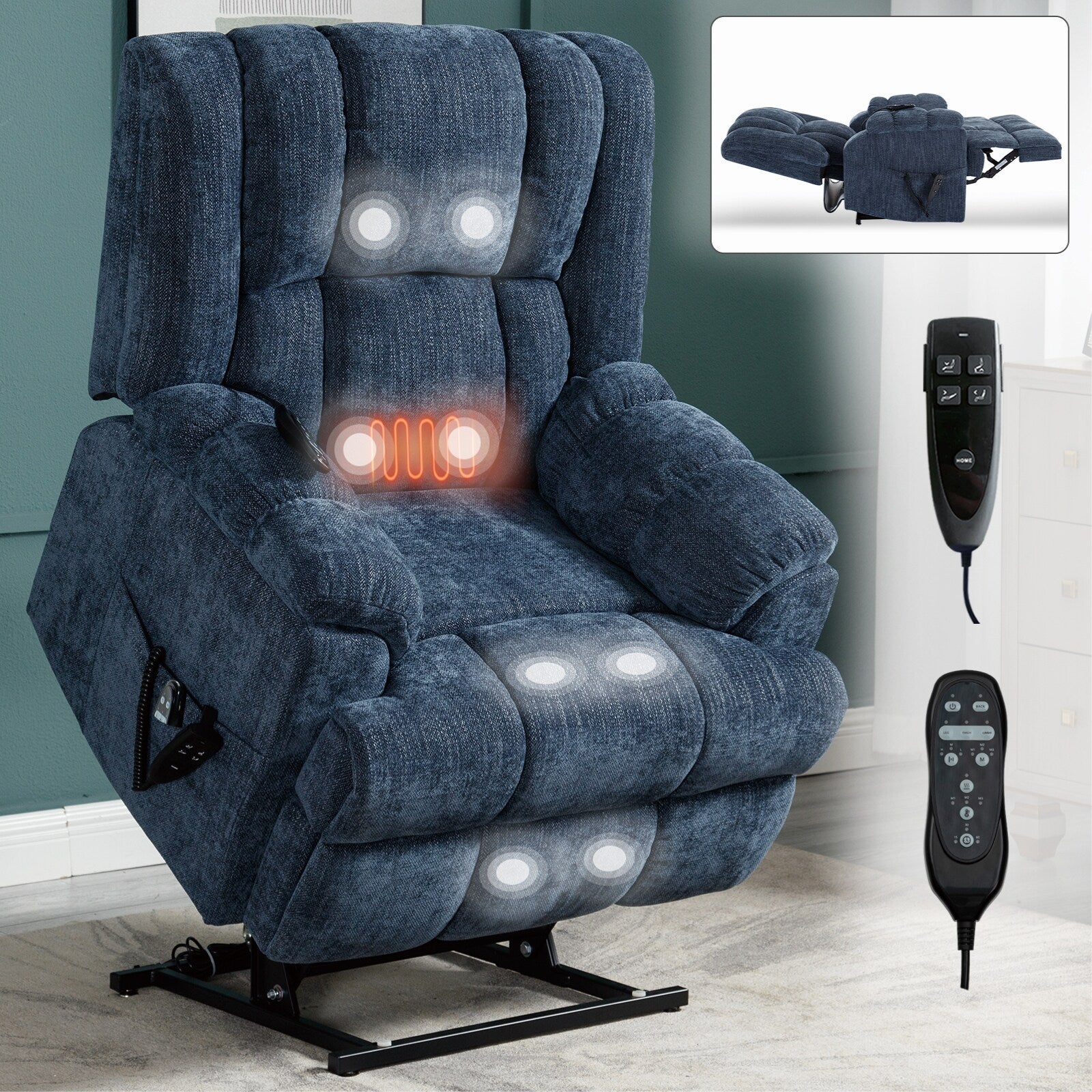 Fauteuil inclinable électrique bleu à double moteur avec chauffage, massage, positionnement infini, télécommande et soutien lombaire