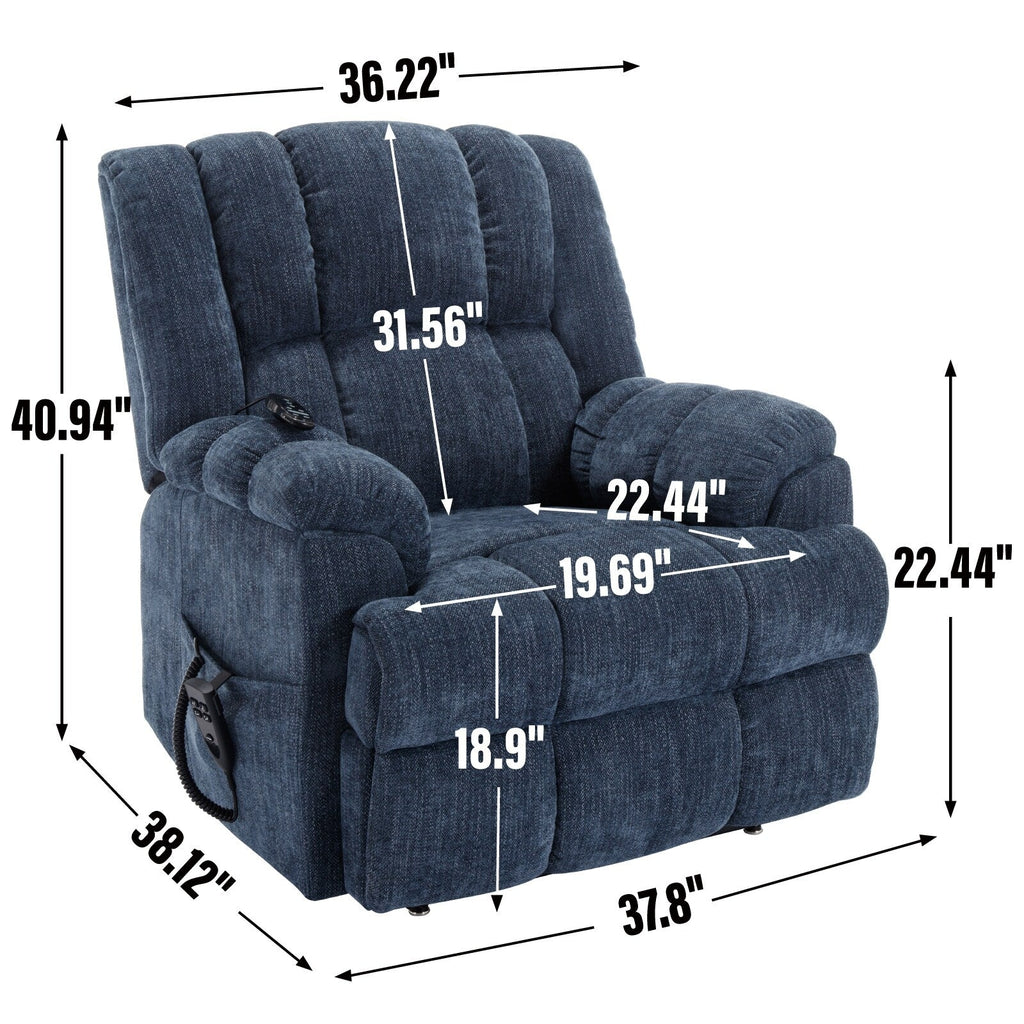 Fauteuil inclinable électrique bleu à double moteur avec chauffage, massage, positionnement infini, télécommande et soutien lombaire