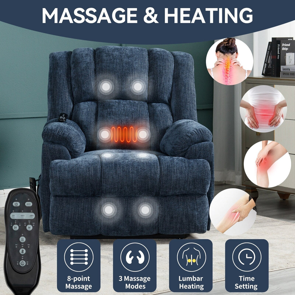 Fauteuil inclinable électrique bleu à double moteur avec chauffage, massage, inclinaison infinie et capacité de charge de 158 kg pour personnes âgées