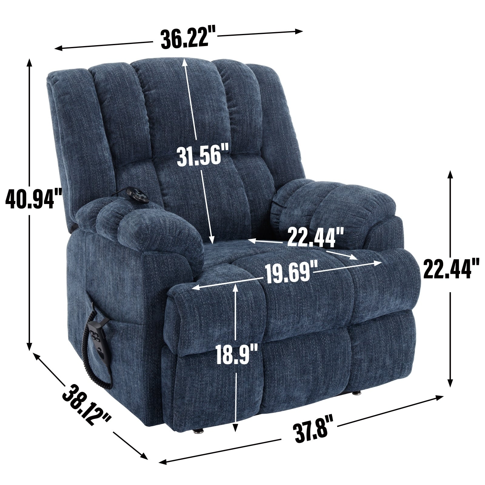 Fauteuil inclinable électrique bleu à double moteur avec chauffage, massage et soutien lombaire