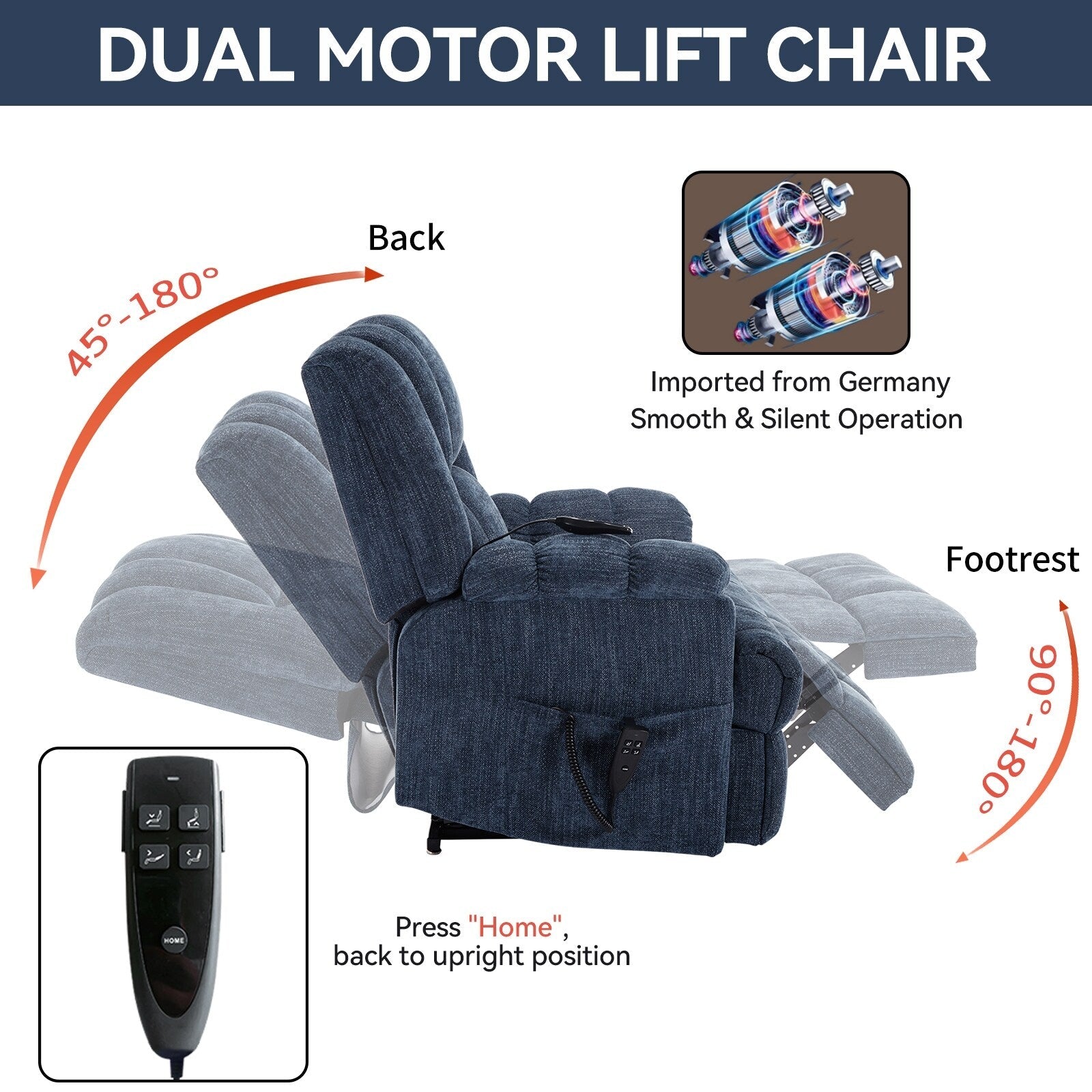 Fauteuil inclinable électrique bleu à double moteur avec massage et support robuste