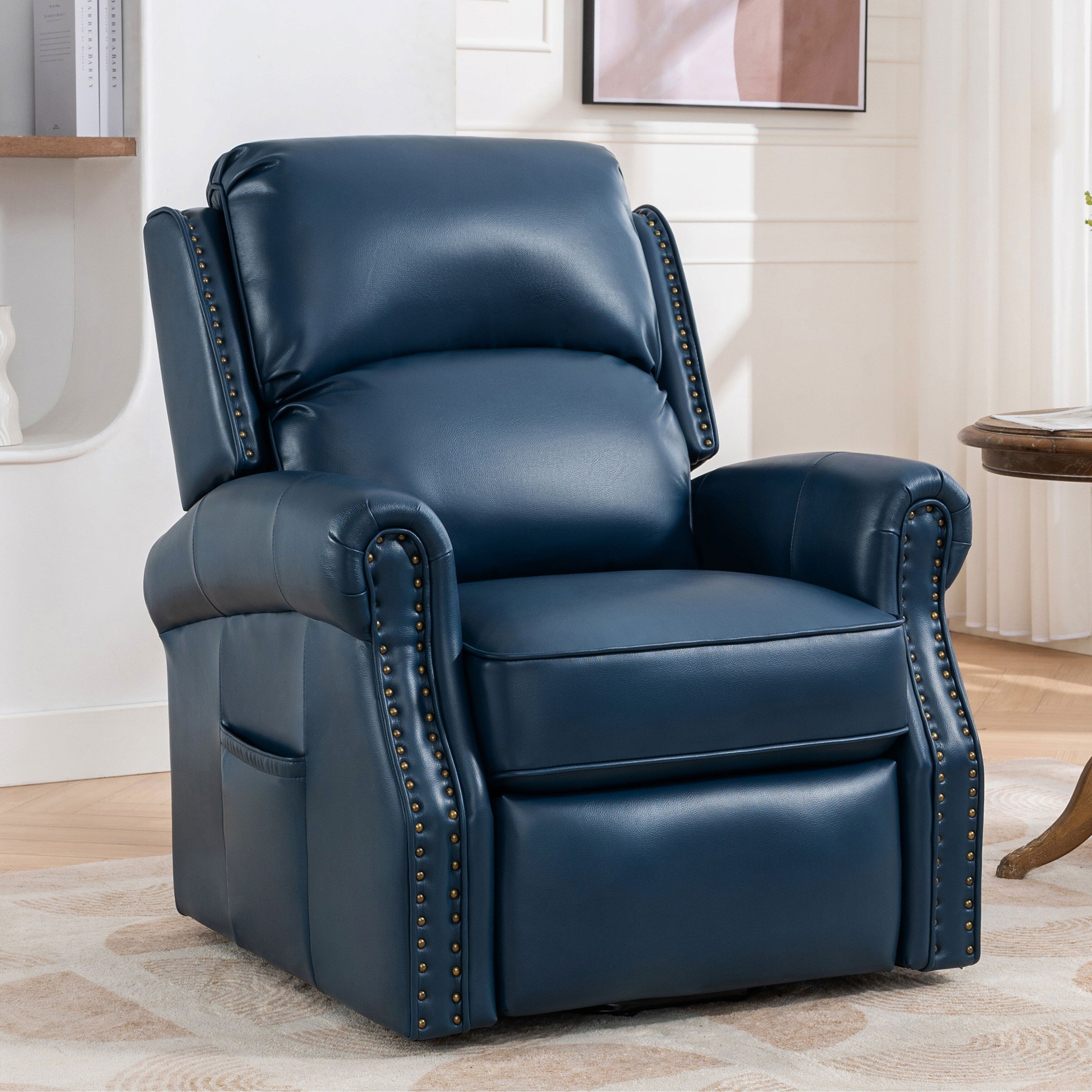 Fauteuil inclinable électrique bleu avec massage à 8 points, chauffage, gravité zéro, ports USB et poche de rangement