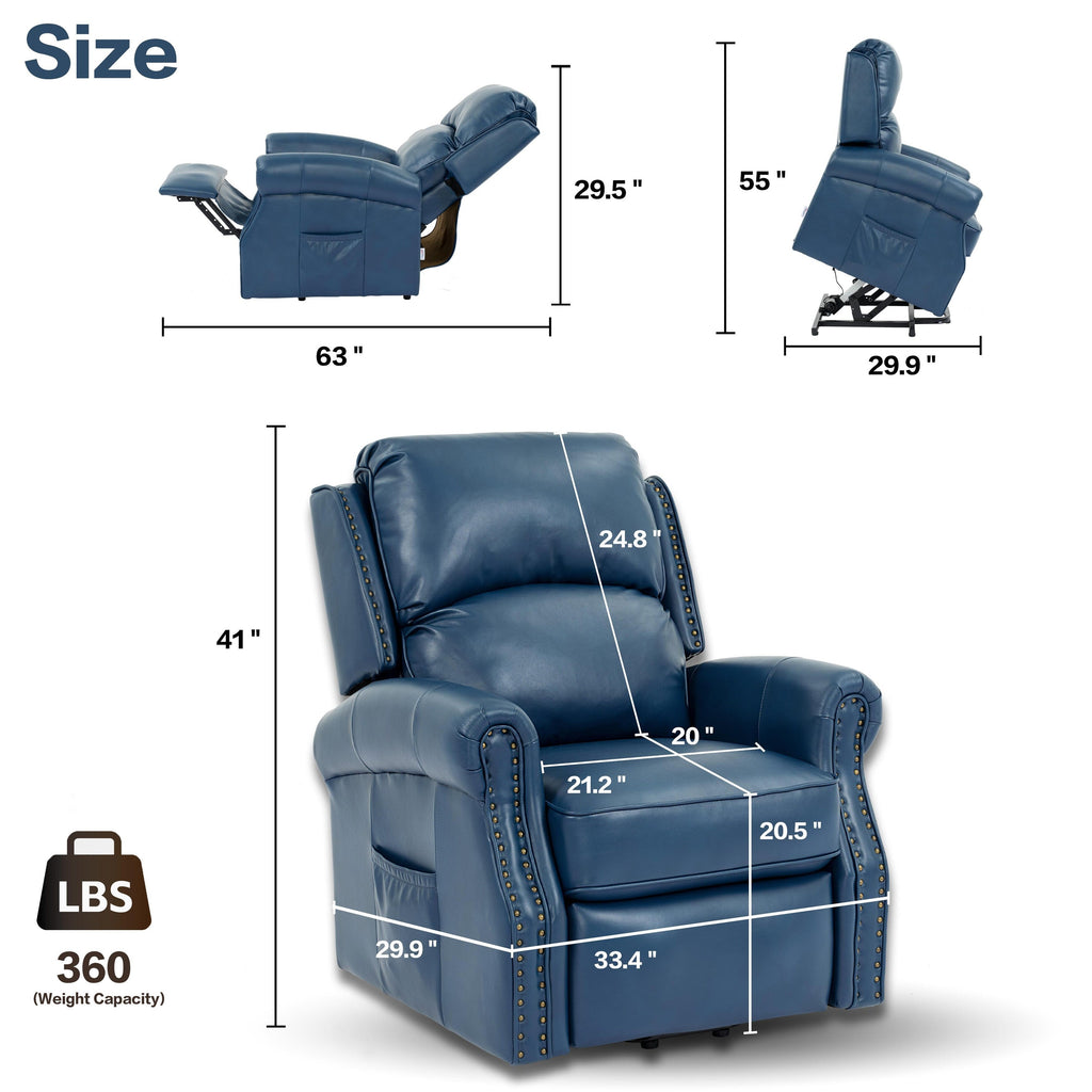 Fauteuil inclinable électrique bleu pour personnes âgées avec massage en 8 points, chauffage, gravité zéro, ports USB et compartiment de rangement