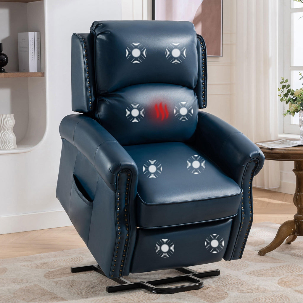 Fauteuil inclinable électrique bleu pour seniors avec massage 8 points, chauffage, gravité zéro, ports USB et poche de rangement