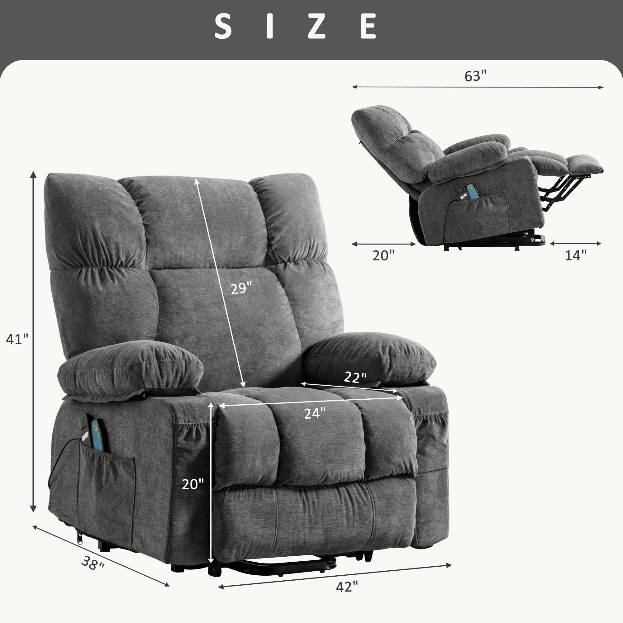 Fauteuil inclinable électrique bleu avec chauffage, massage, options d'inclinaison infinies, ports USB et poches latérales