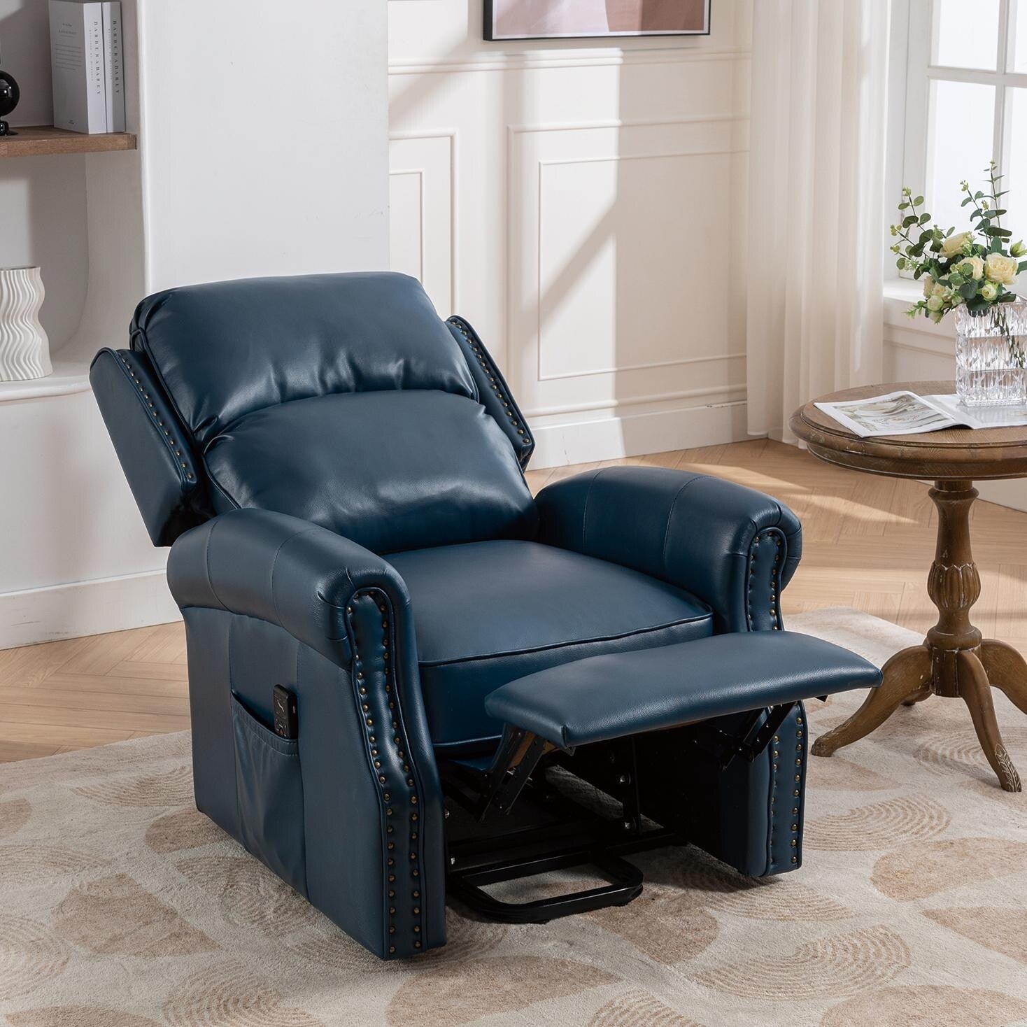 Fauteuil inclinable électrique bleu avec massage par vibrations à 8 points, chauffage, port de chargement USB et moteur OKIN silencieux