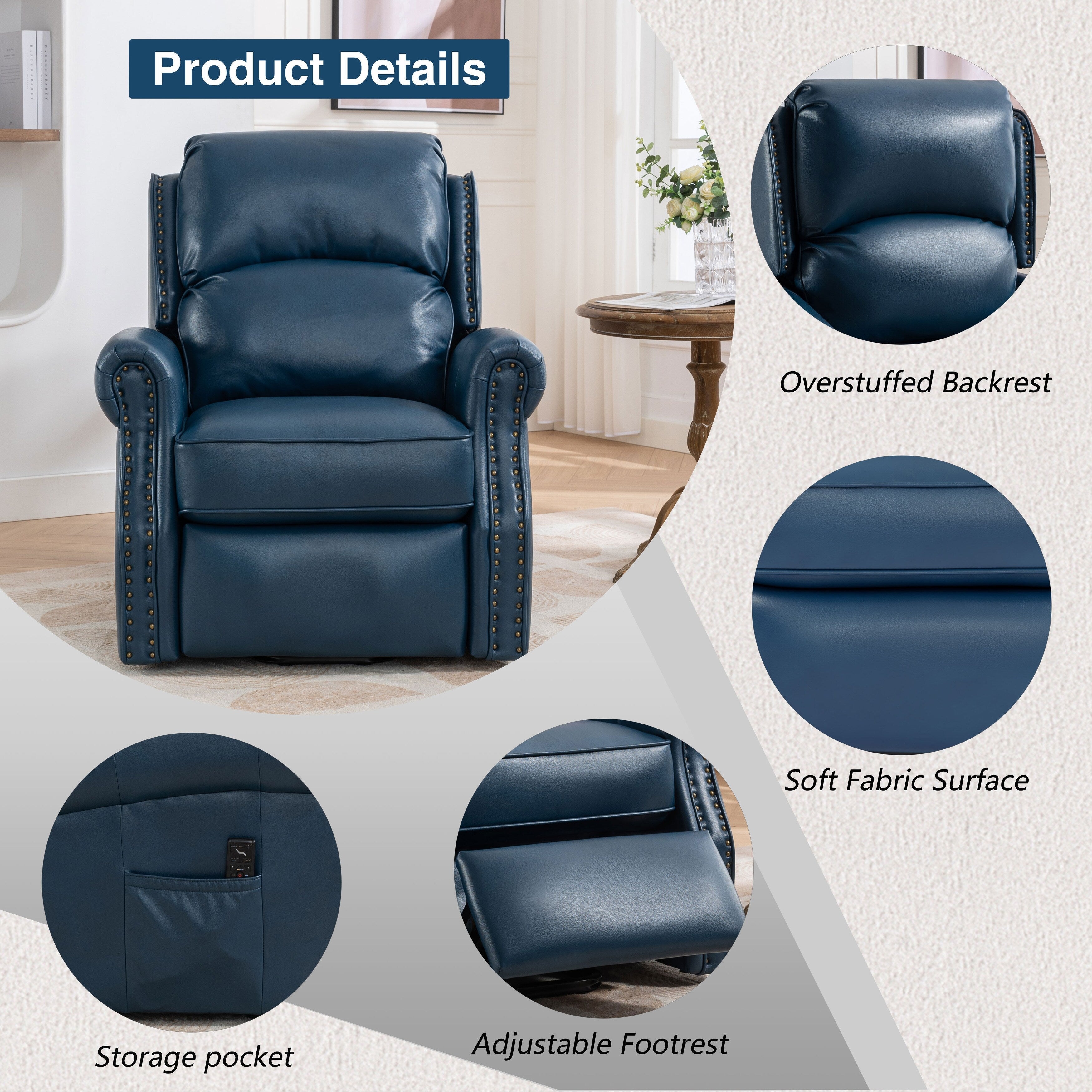 Fauteuil inclinable électrique bleu avec massage par vibrations à 8 points, chauffage, port de chargement USB et moteur OKIN silencieux