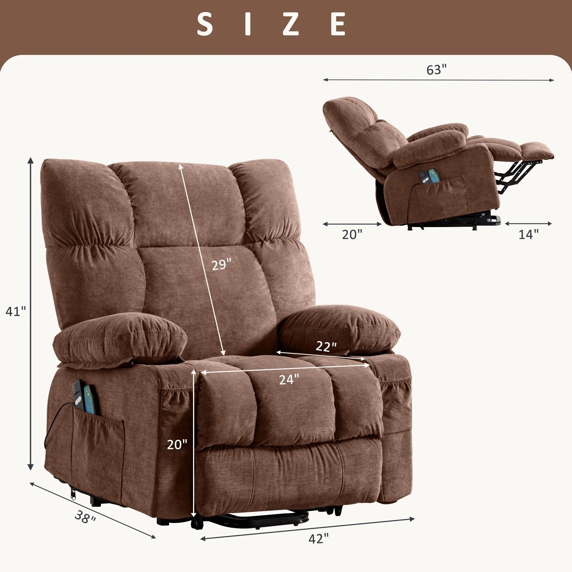 Fauteuil inclinable électrique bleu avec chauffage, massage, positions d'inclinaison infinies, ports USB et poches latérales