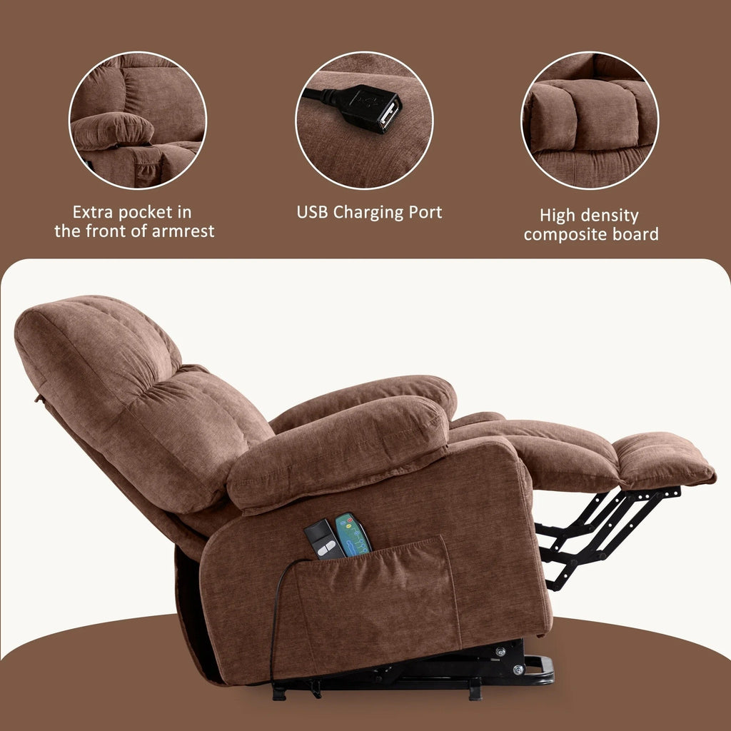 Fauteuil inclinable électrique bleu avec chauffage, massage, positions d'inclinaison infinies, ports USB et poches latérales