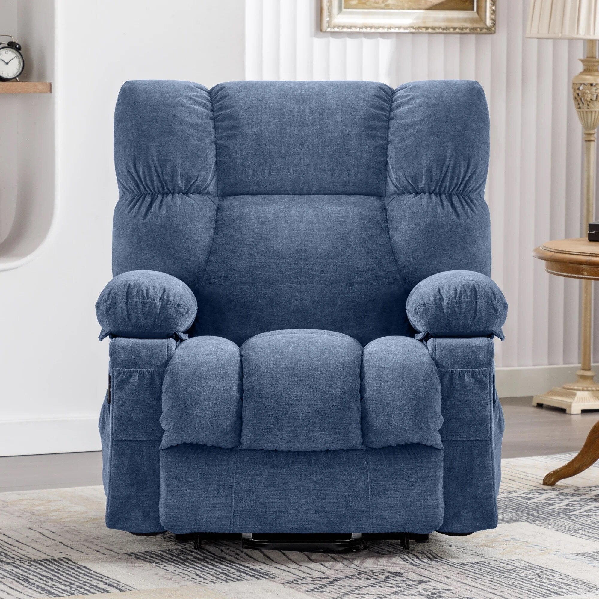 Fauteuil inclinable électrique bleu avec chauffage, massage, positions d'inclinaison infinies, ports USB et poches latérales