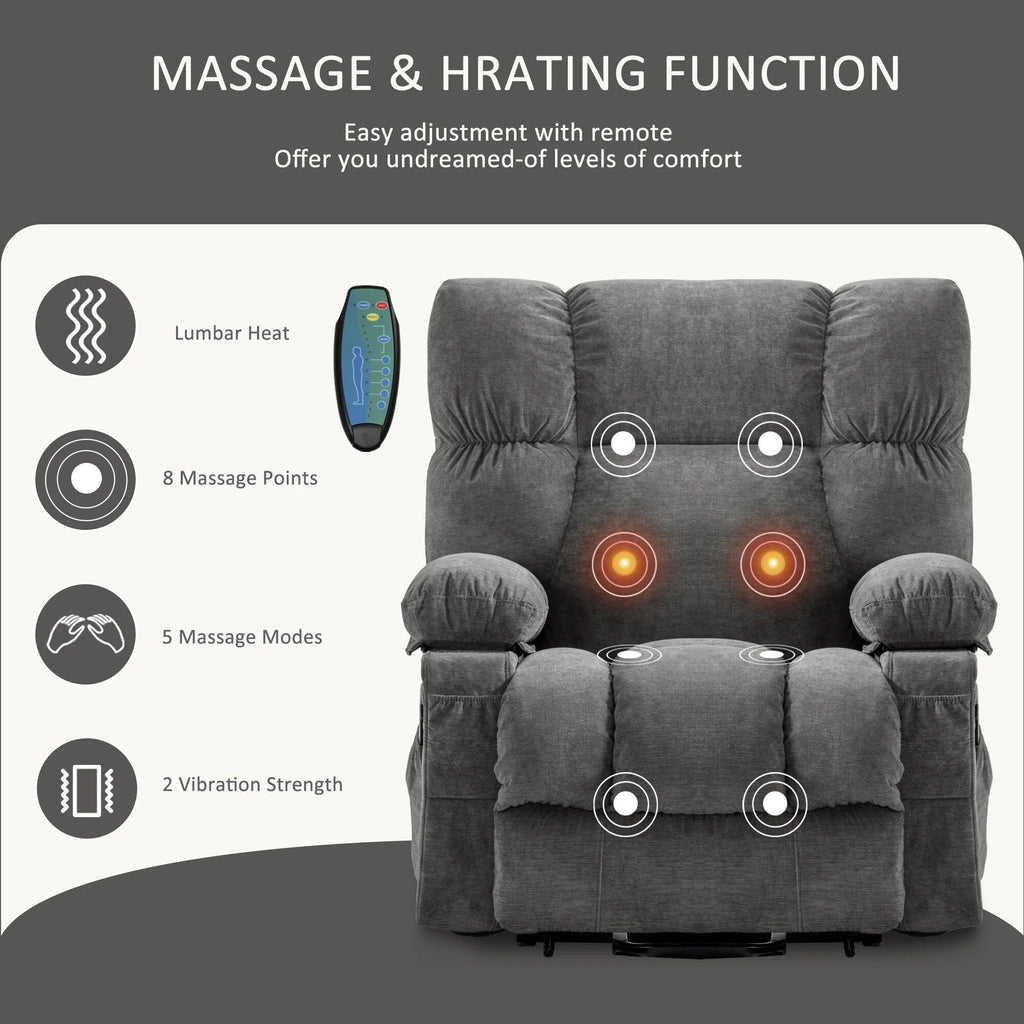 Fauteuil inclinable électrique bleu avec chauffage, massage, positions d'inclinaison infinies, ports USB et poches latérales