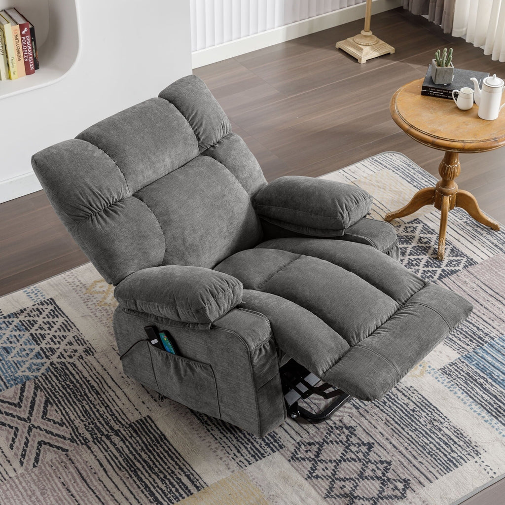 Fauteuil inclinable électrique bleu avec chauffage, massage, positions d'inclinaison infinies, ports USB et poches latérales