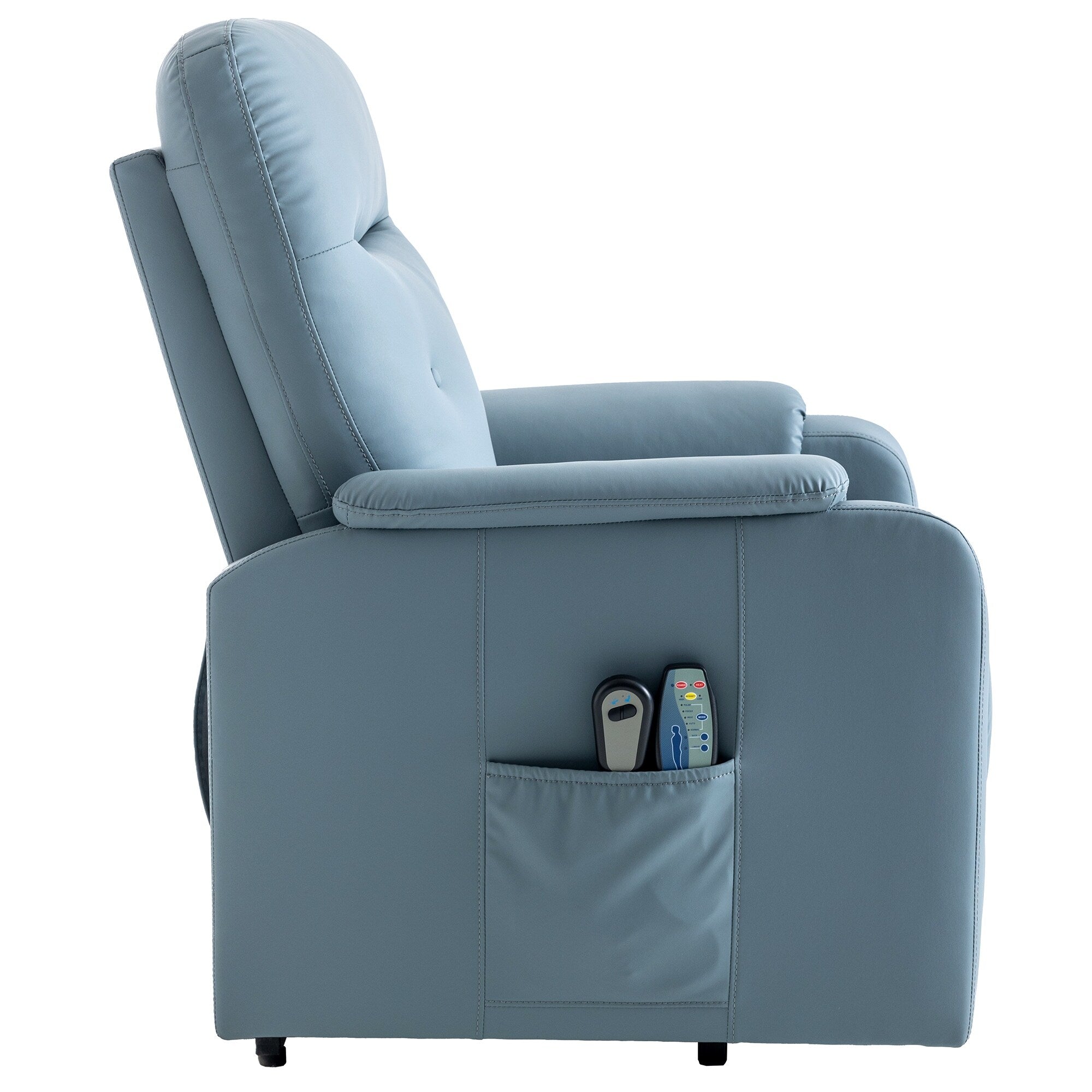 Fauteuil inclinable électrique bleu avec massage et chauffage, poche latérale pratique pour seniors et adultes
