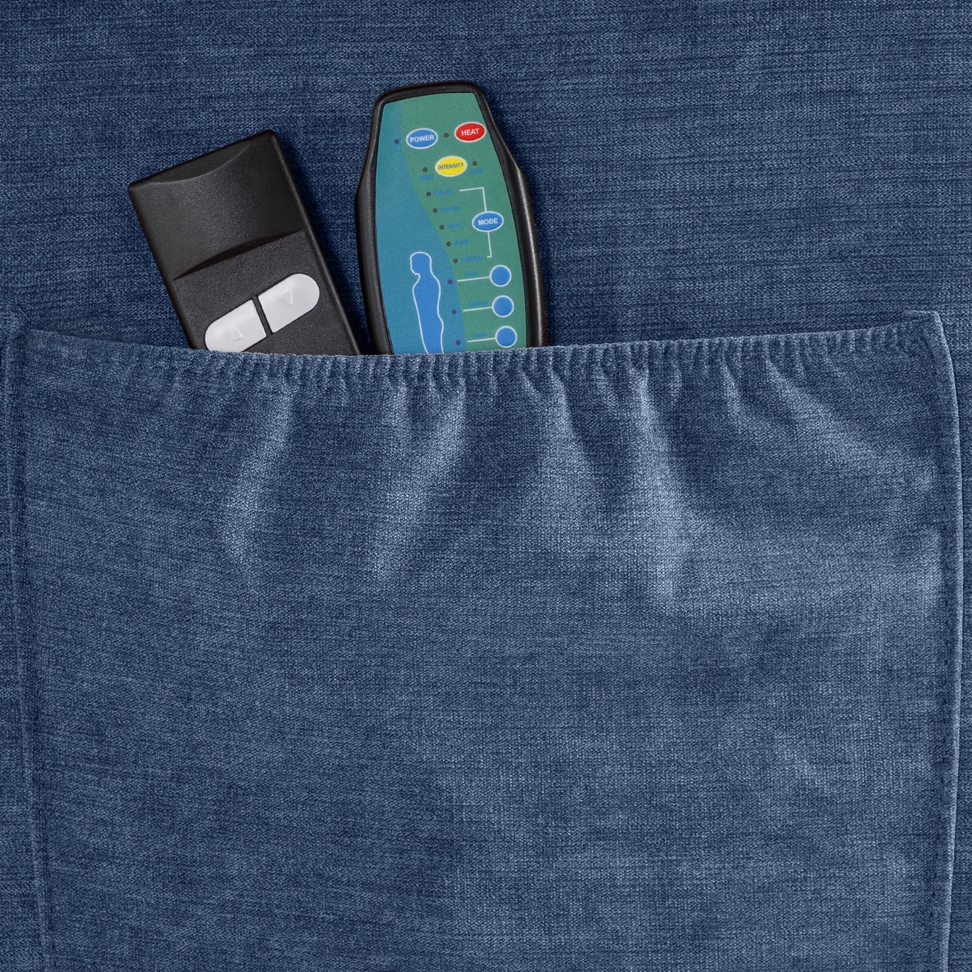 Fauteuil inclinable électrique bleu avec chauffage, massage, inclinaison infinie, chargement USB et poches latérales