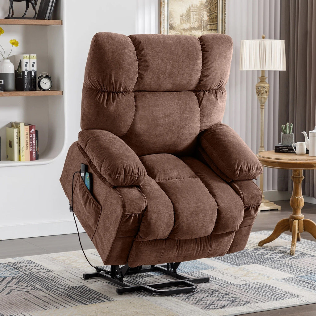 Fauteuil inclinable électrique bleu avec chauffage, massage, inclinaison infinie, chargement USB et poches latérales