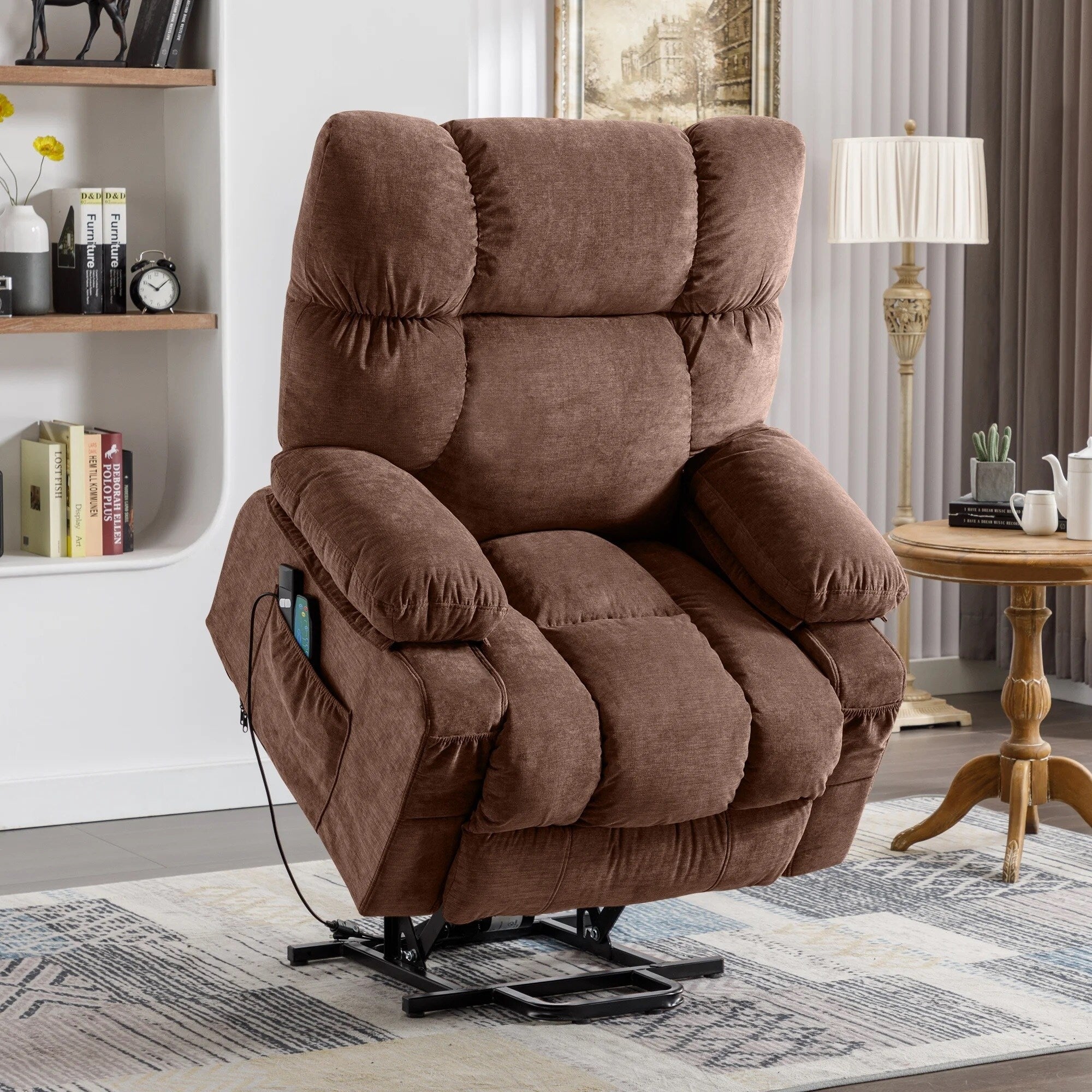 Fauteuil inclinable électrique bleu avec chauffage, massage, inclinaison infinie, chargement USB et poches latérales