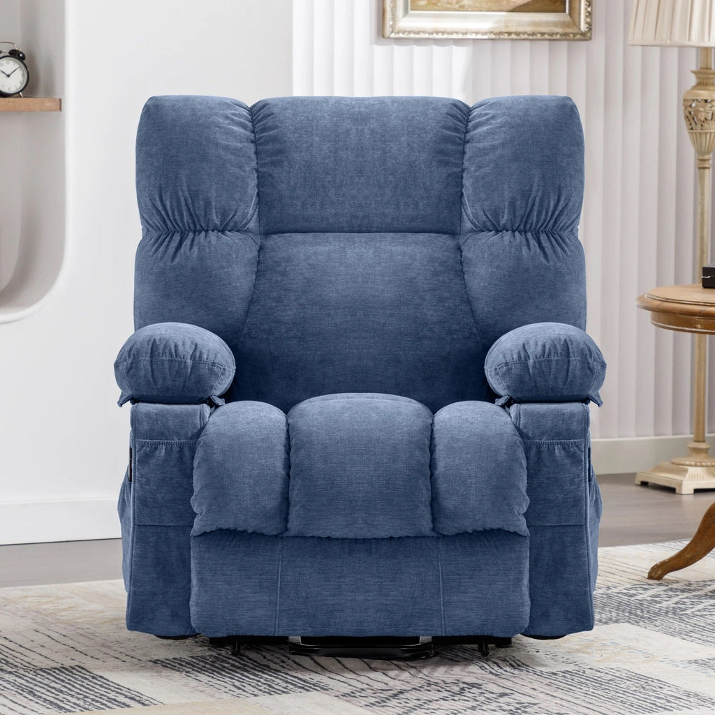Fauteuil inclinable électrique bleu avec chauffage, massage, inclinaison infinie, chargement USB et poches latérales