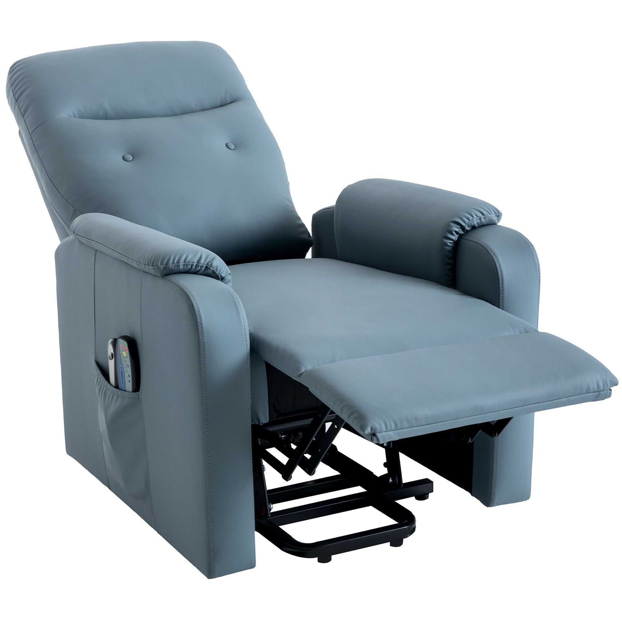 Fauteuil inclinable électrique bleu avec massage, chauffage et poches latérales, idéal pour les seniors et les adultes