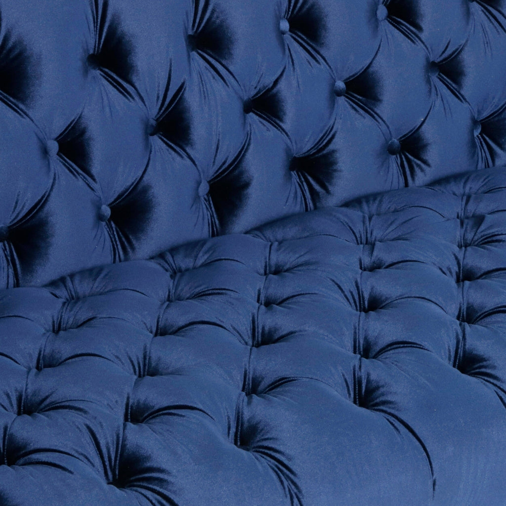 Canapé 3 places capitonné en similicuir bleu avec pieds en fer en forme de T